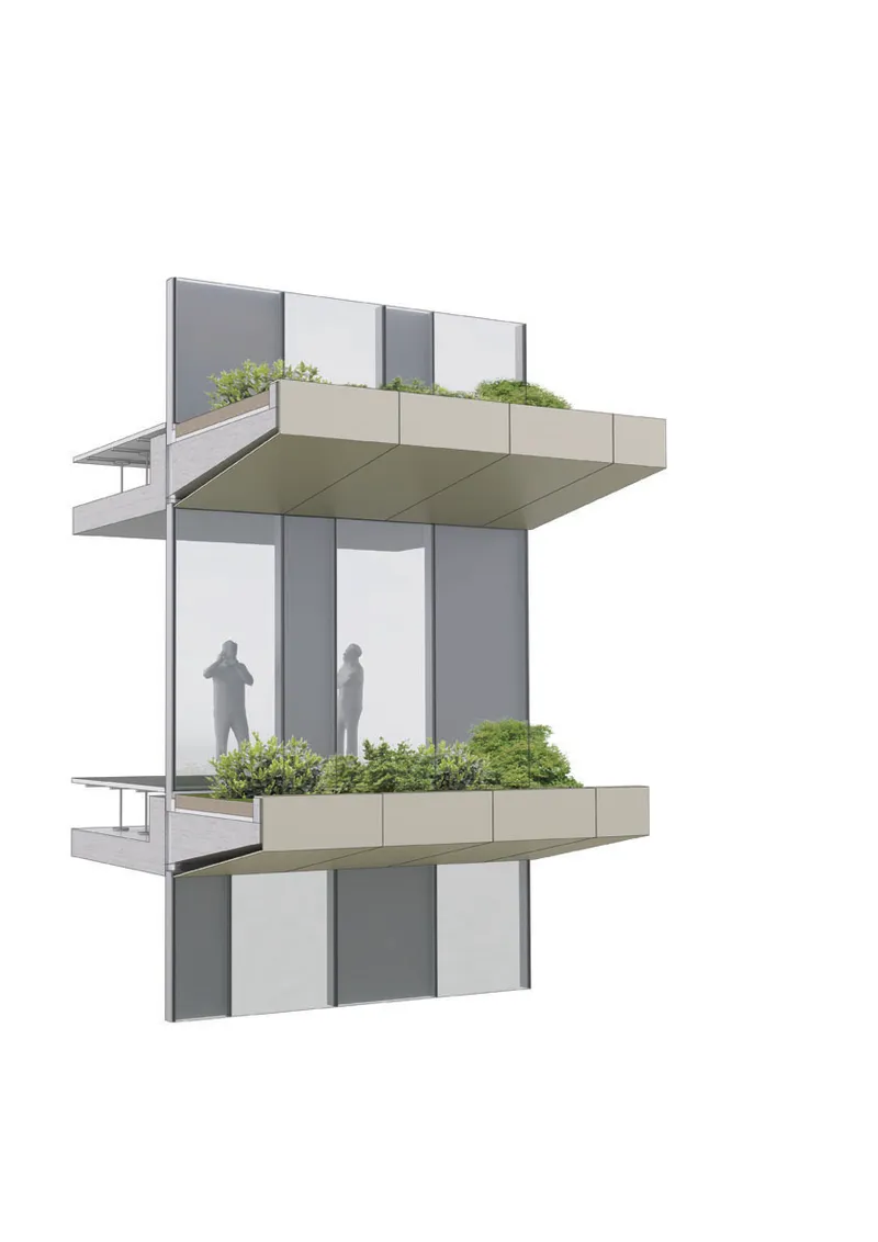 Axonometric detail of a facade module with planted balconies and glazed panels between floors