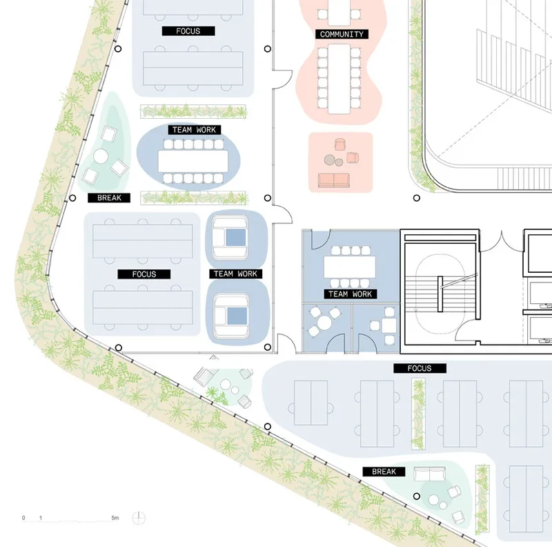 Floor plan drawing of an office level with workstation zones and a planted buffer along the edge