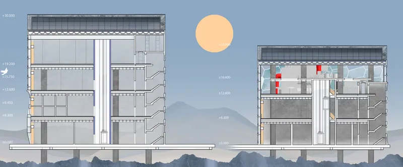 Sectional diagram revealing vertical zoning within the floating architecture system