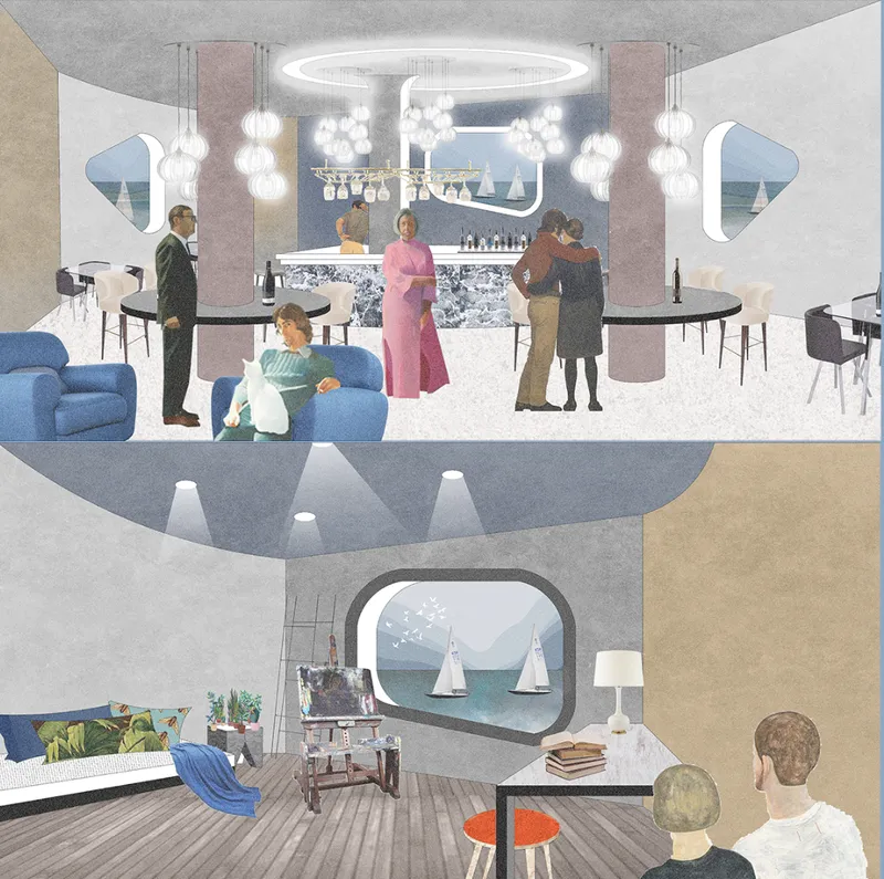 Social and residential interiors blending community living with ocean experience