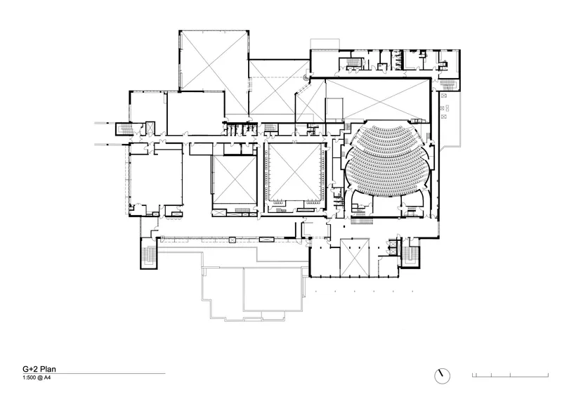 Floor plan drawing revealing a domed seating volume with terraced rows adjacent to enclosed courtyards