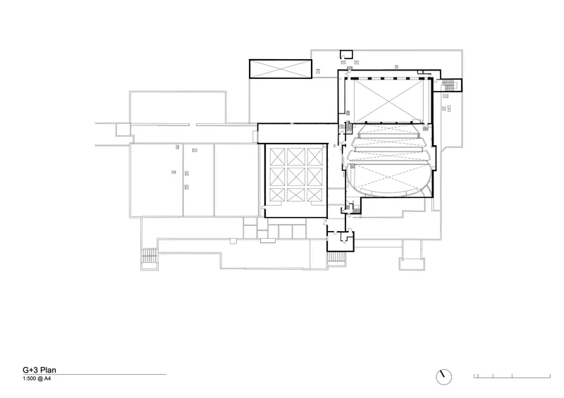 Floor plan drawing depicting tiered seating within a domed hall and adjoining courtyard spaces