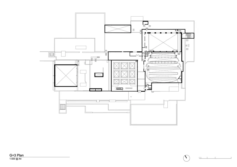 Floor plan drawing showing the domed auditorium with tiered seating and lateral gallery spaces