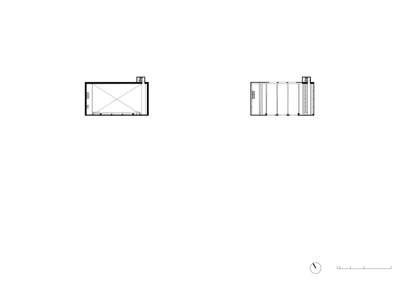 Section and elevation drawings of a small rectangular volume with crossed diagonal lines