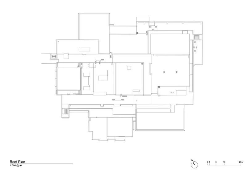 Roof plan drawing showing the outlines of courtyards, terraces, and adjacent building volumes
