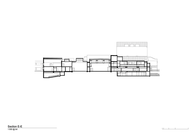 Section drawing illustrating a horizontal composition with stepped floor plates and roof terraces