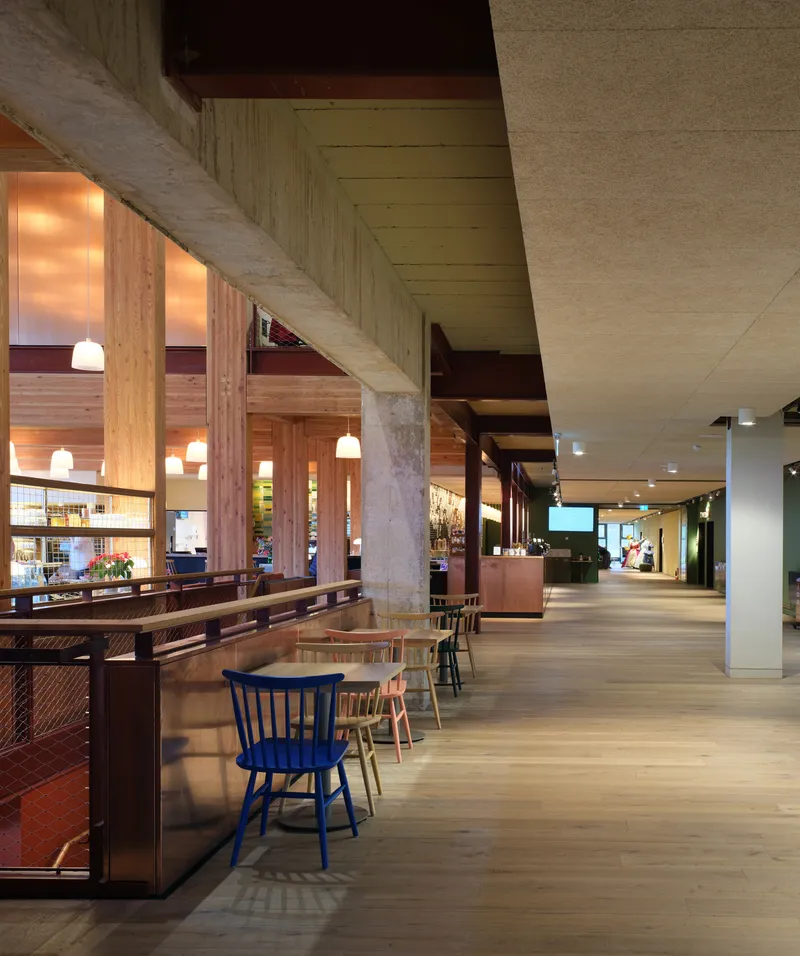 Interior circulation space with exposed timber beams, concrete columns and pendant lights above wooden floors