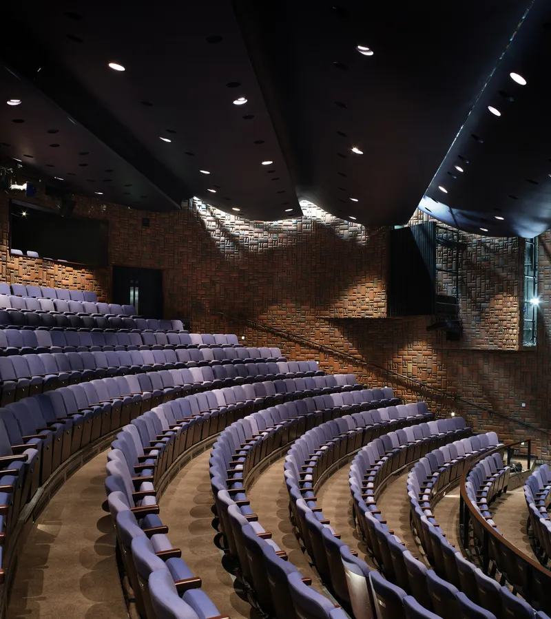 Auditorium with curved rows of purple upholstered seating facing brick wall under black acoustic ceiling