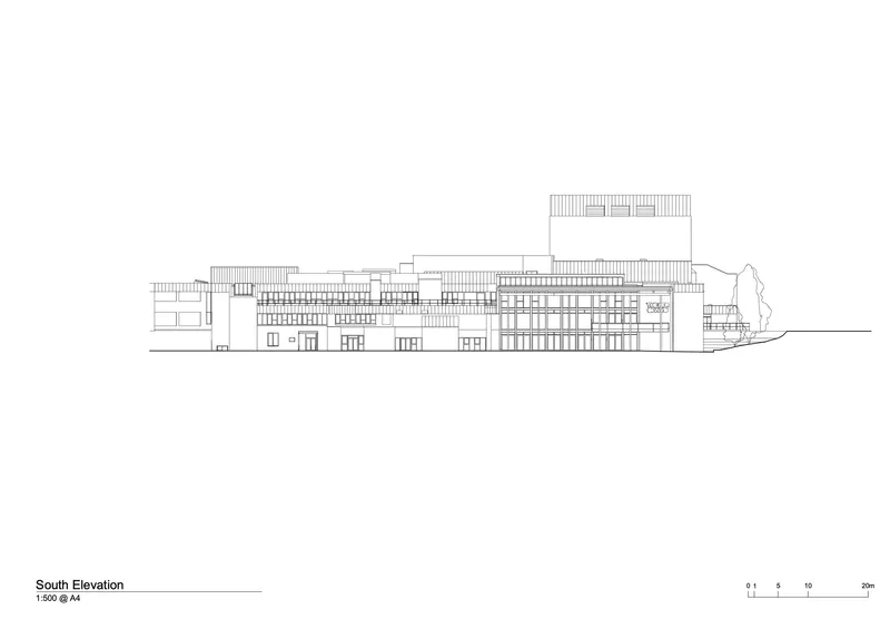 South elevation drawing depicting horizontal massing with varied roof heights and openings