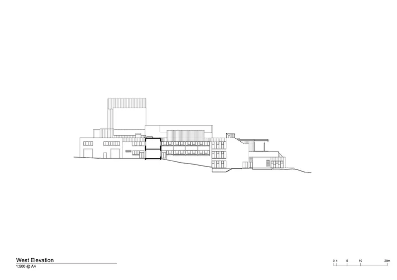 West elevation drawing showing a complex of interconnected volumes stepping down a sloped site