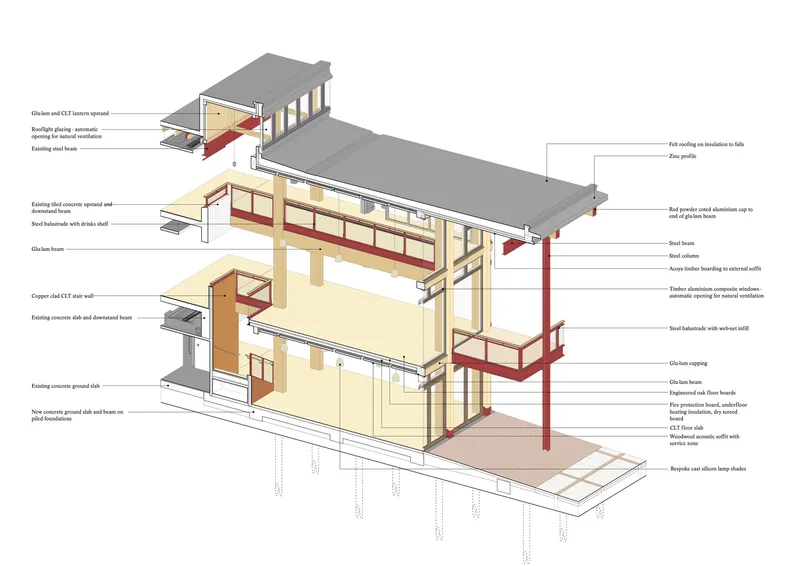 Axonometric section drawing with labeled components showing the structural and material assembly of stacked floors