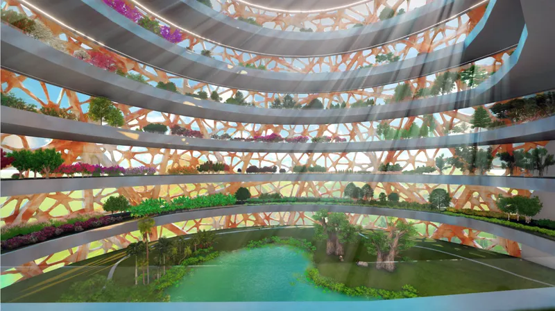 Interior vertical ecosystem with layered planting zones, illustrating self-sustaining architecture and integrated green living systems.