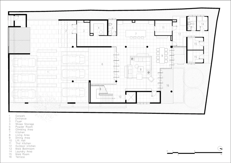 Ground floor plan drawing showing parking area, living spaces, and central staircase