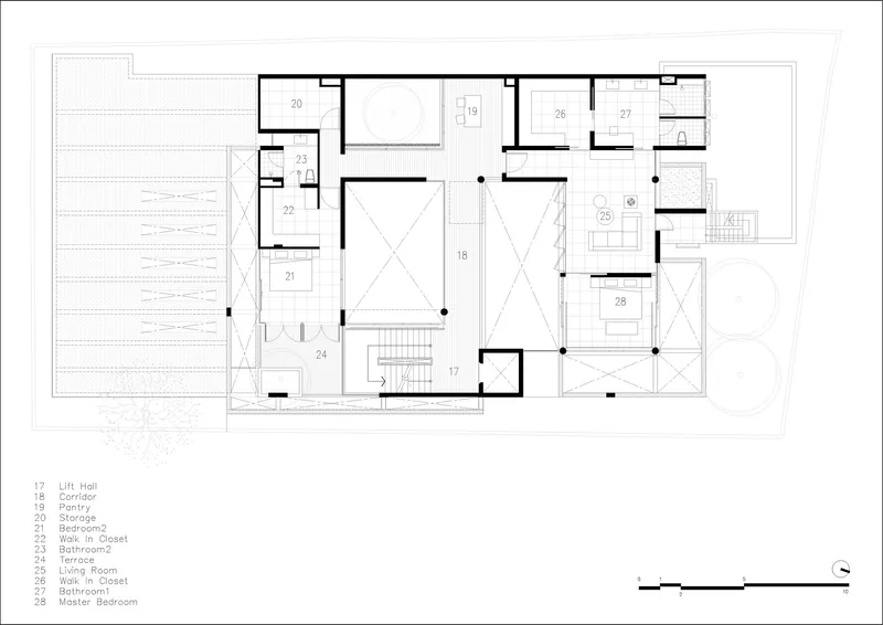 Upper floor plan drawing showing bedroom layout with voids and central circulation