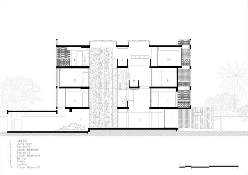 Section drawing revealing split-level interior spaces with perforated screens and surrounding vegetation