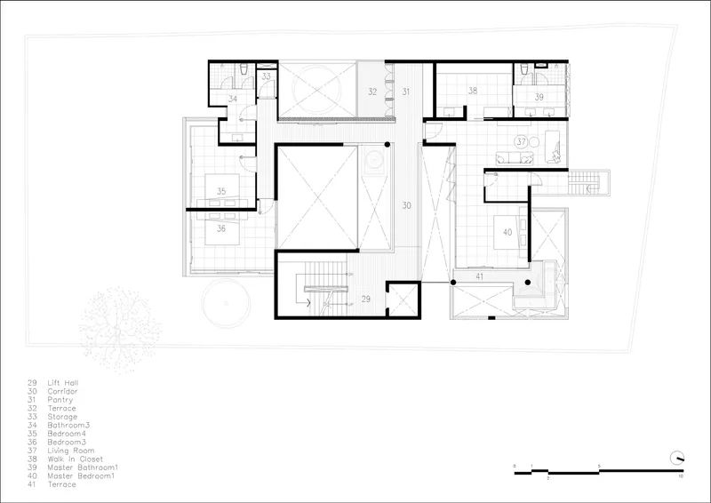 Floor plan drawing depicting bedrooms and living spaces with central circulation and exterior terraces