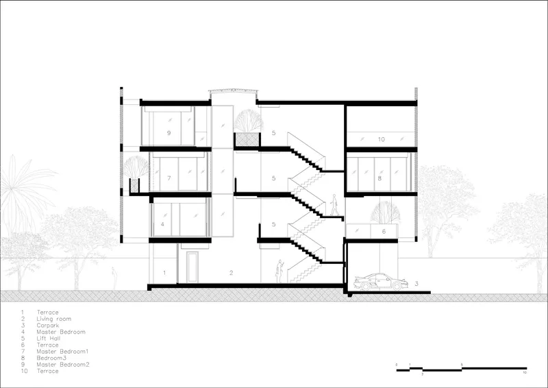 Section drawing showing staggered floors connected by a central staircase with trees flanking the building