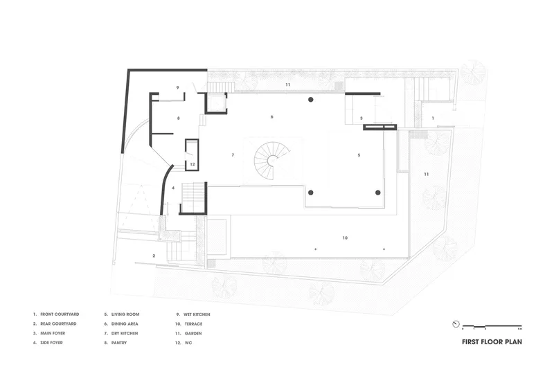 First floor plan drawing featuring spiral staircase and wrap-around terrace facing adjacent courtyards and garden
