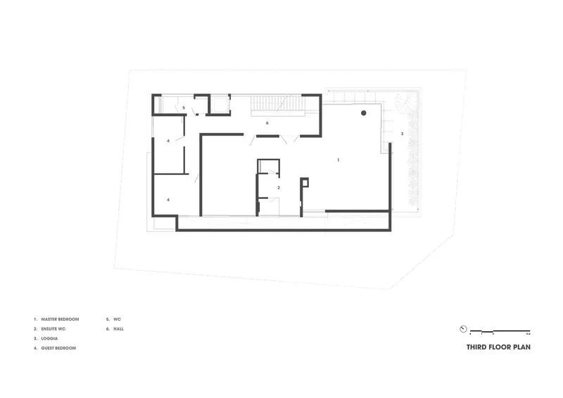 Third floor plan drawing showing master suite and roof terrace with staircase access to upper level