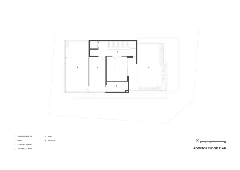 Rooftop floor plan drawing displaying worship room and technical areas with adjacent outdoor terrace space