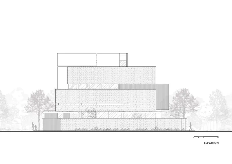 Elevation drawing showing a stacked geometric volume with textured facades and figures among trees