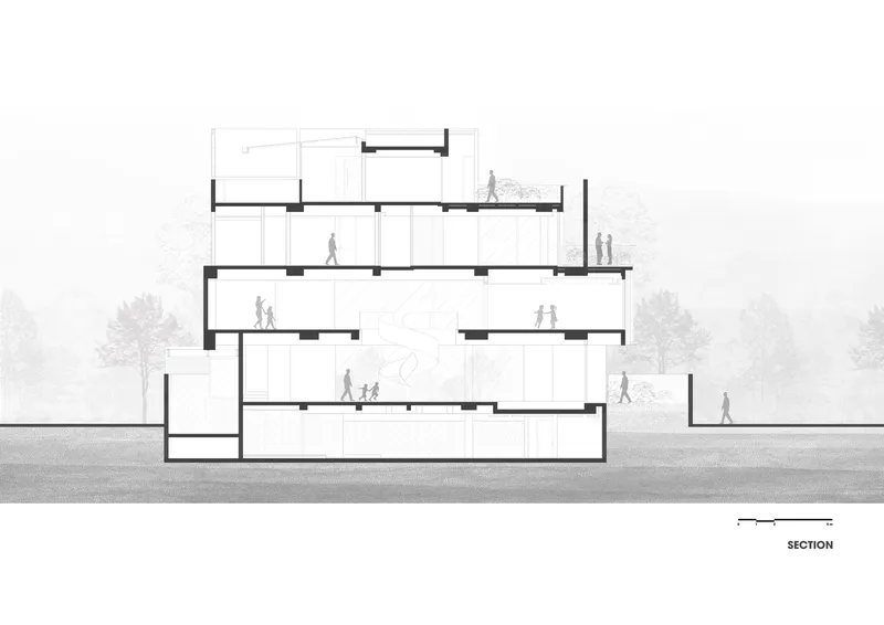 Section drawing revealing staggered floor plates with terraces and inhabiting figures throughout multiple levels
