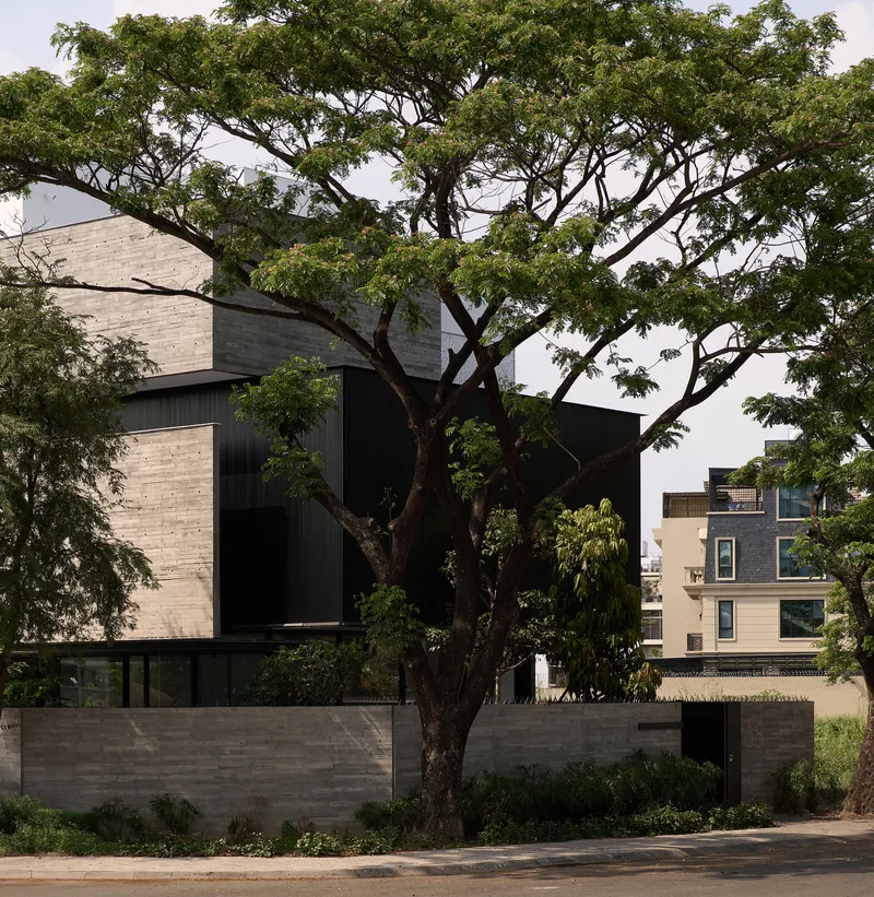 Street view showing black corrugated metal and concrete volumes framed by a mature tree canopy