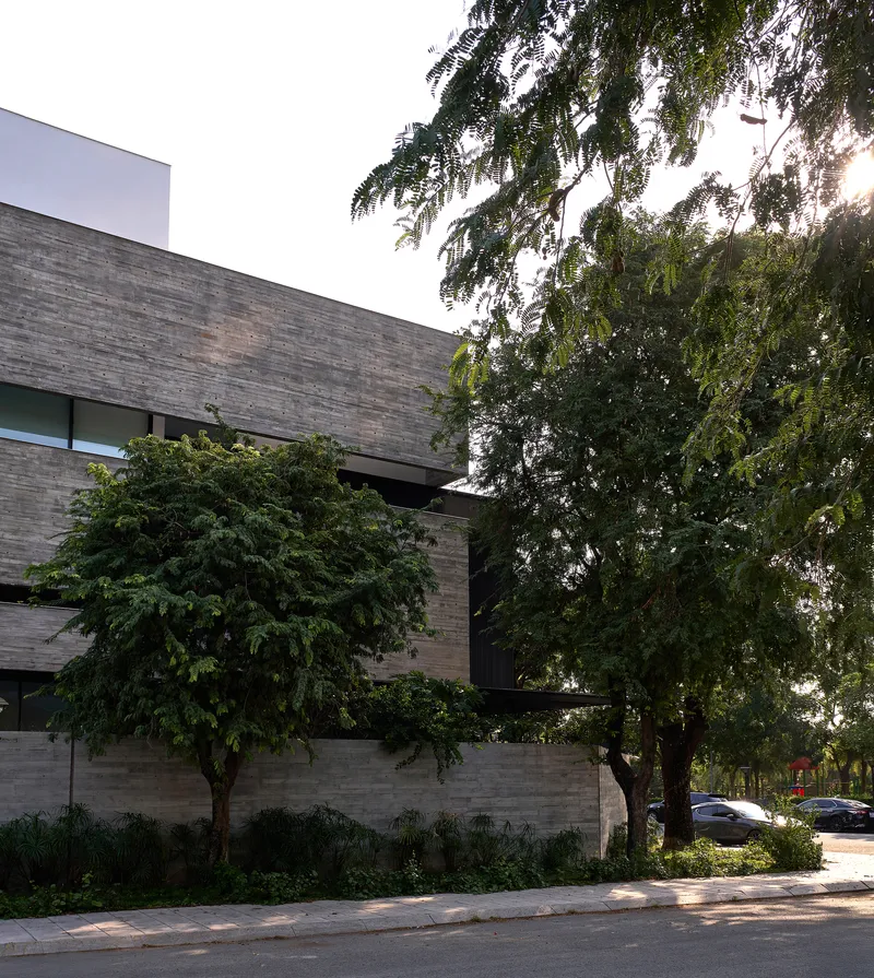 Board-formed concrete facade with horizontal banding and recessed openings partially screened by street trees