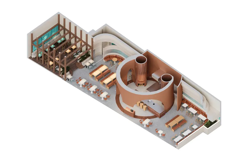 Axonometric drawing showing a restaurant layout with curved copper volumes and dining tables arranged across distinct zones