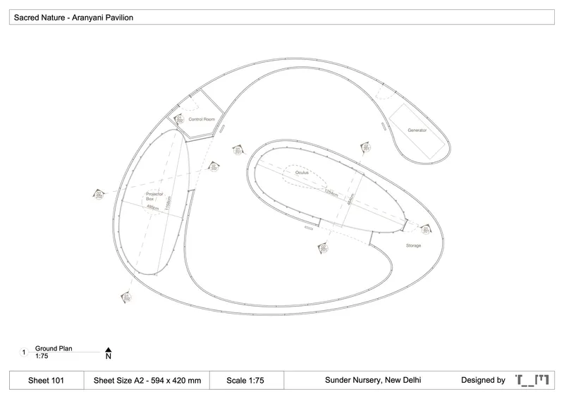Ground floor plan drawing depicting curvilinear spaces organized around a central courtyard