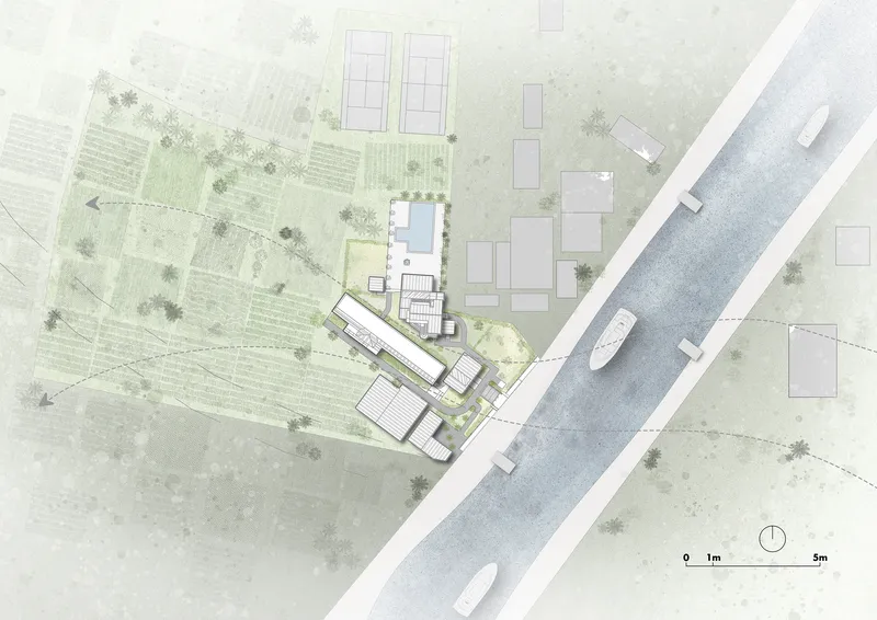 Site plan drawing showing an angled building cluster adjacent to a waterway with boats and surrounding landscape