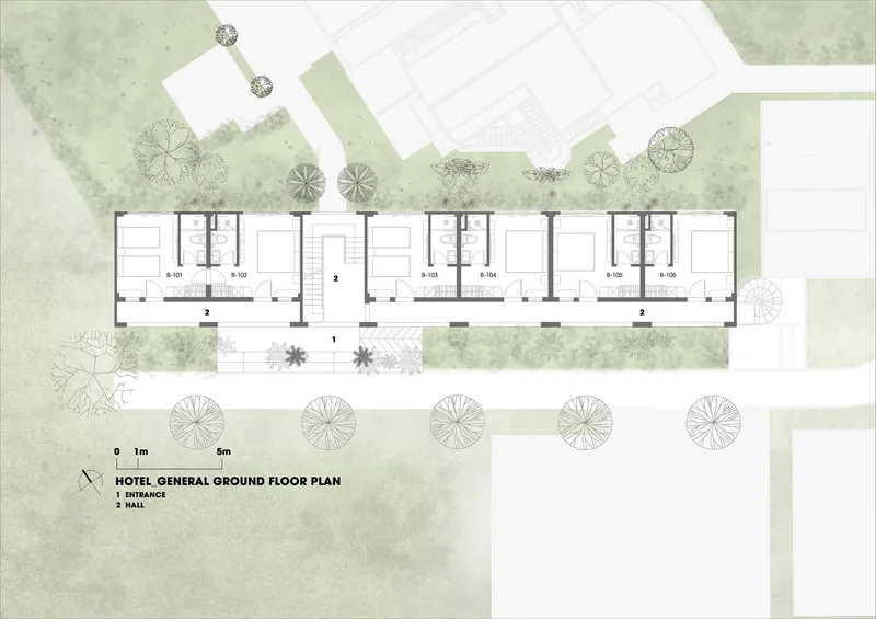 Ground floor plan drawing depicting a linear arrangement of rooms with central corridor and planted courtyards