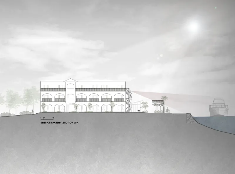 Section drawing showing a three-story building with arched openings descending toward the waterfront under overcast skies