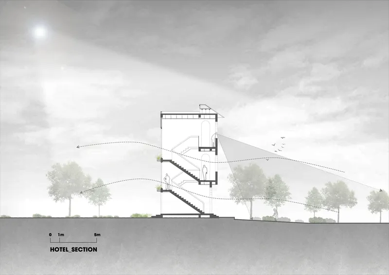 Section drawing revealing interior staircases connecting multiple levels within a terraced volume surrounded by trees