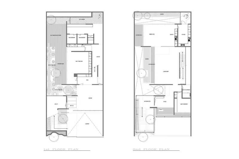 Floor plan drawings showing first and second levels with interior courtyards and labeled rooms