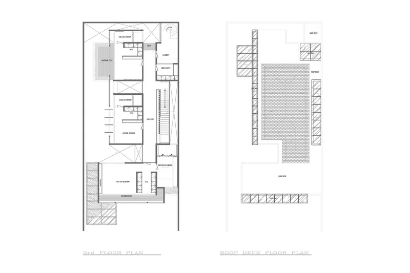 Floor plan and roof deck plan drawings showing classroom spaces and a large textured terrace area