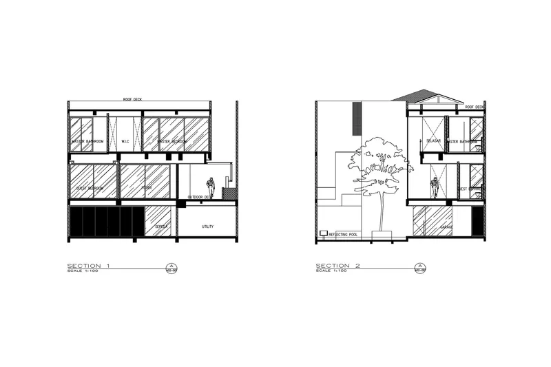 Section drawings revealing multilevel interior spaces with an atrium and a tree in an open courtyard