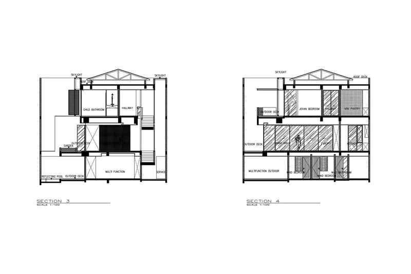 Section drawings showing exposed truss roofs over classroom and bedroom levels with outdoor deck spaces