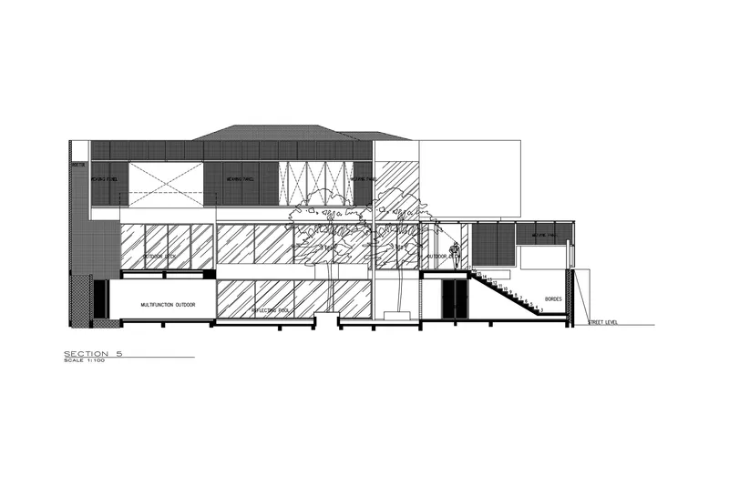 Section drawing depicting the sloped roof structure and multilevel outdoor terrace with stairs descending to street level