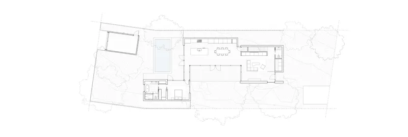 Floor plan drawing showing ground level layout with pool, bathrooms and living spaces around mature trees