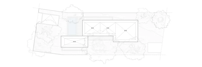 Roof plan drawing showing three flat roof sections and pool beneath tree canopy outlines