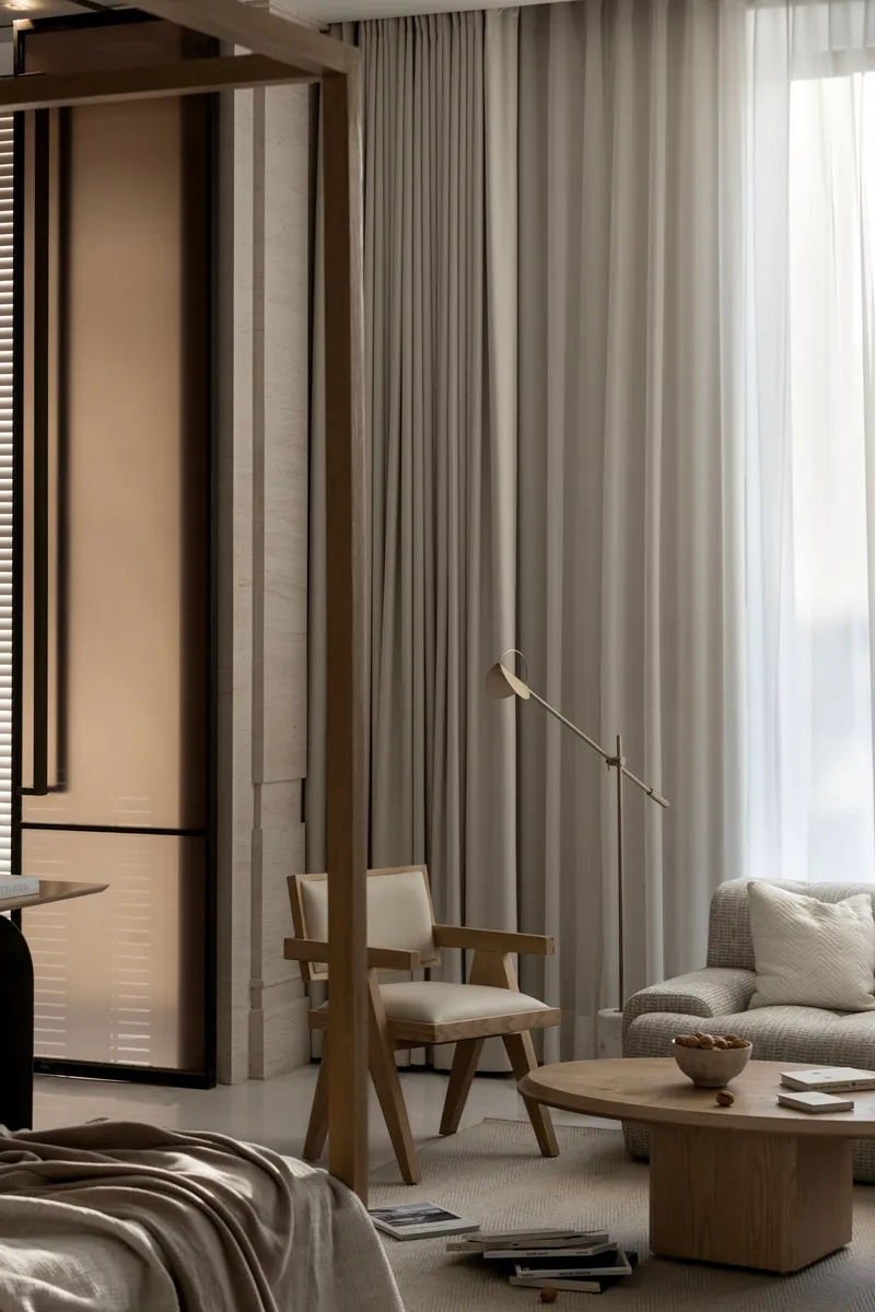 Living area with floor-to-ceiling curtains, timber chairs, and a brass articulating floor lamp
