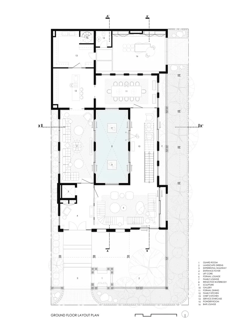 Ground floor layout plan showing central pool, dining spaces, and surrounding outdoor terraces