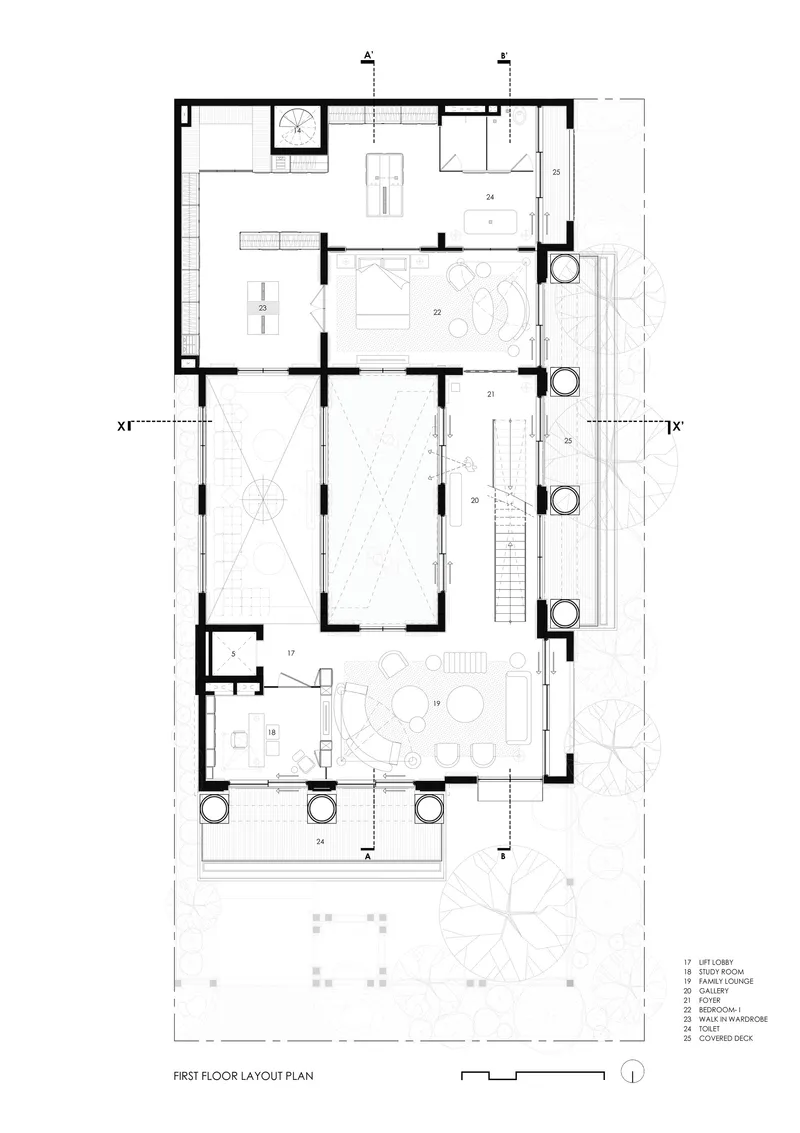 First floor layout plan showing bedroom suites, central staircase, and covered outdoor deck