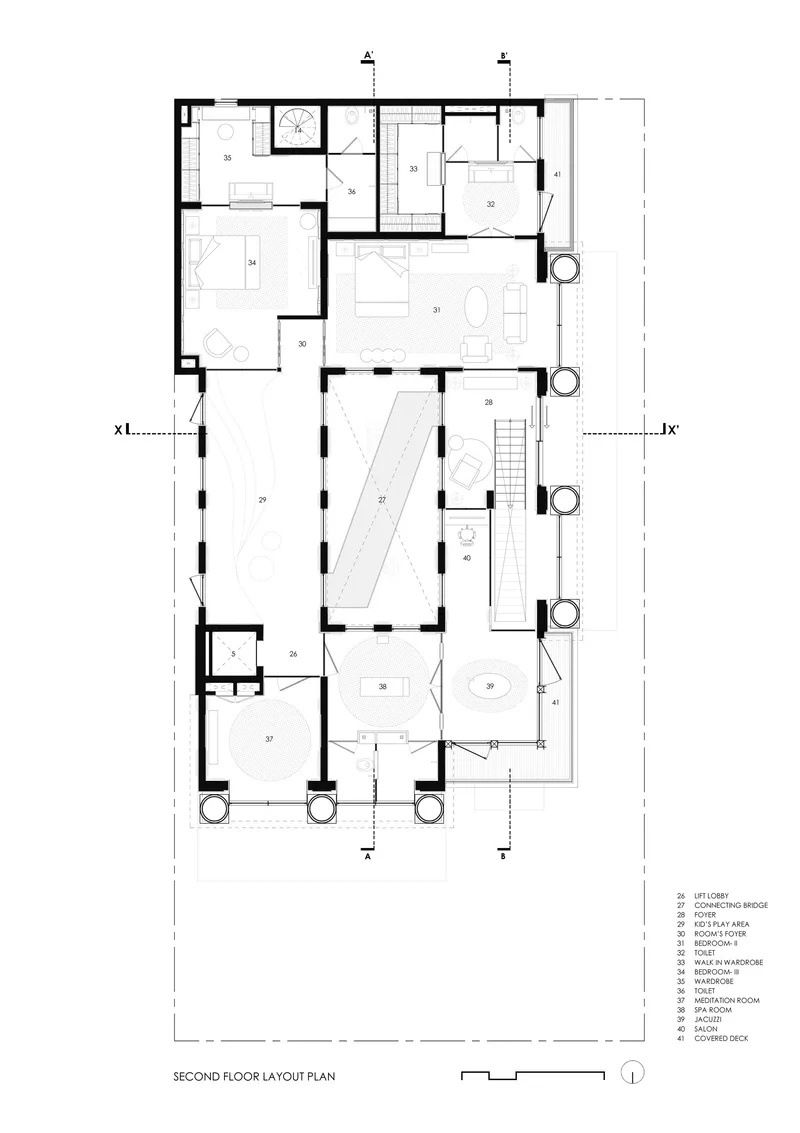 Second floor layout plan showing a diagonal stair cutting through the central living space