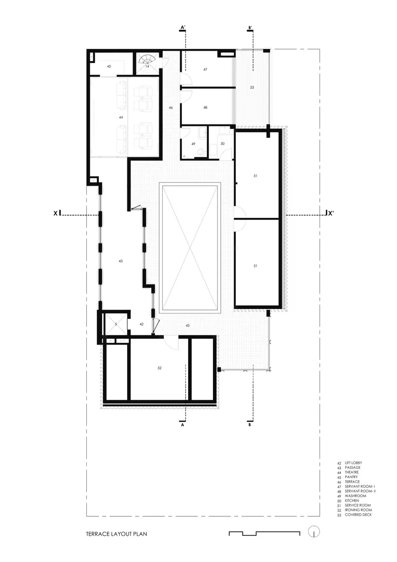 Terrace layout plan showing a central rectangular pool flanked by covered and open outdoor areas