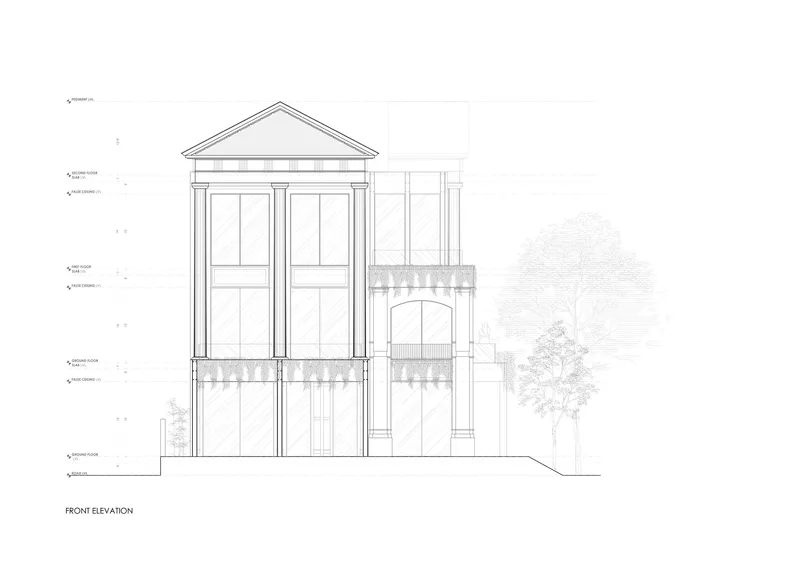 Front elevation drawing depicting a gabled volume with tall columns and adjacent trees in line art