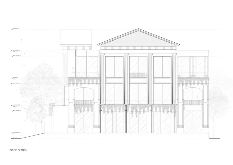 Side elevation drawing showing the pediment facade with columns and neighboring structures with arched openings