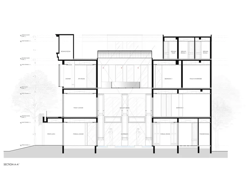 Section drawing through the multi-story residence revealing room heights and interior spatial relationships