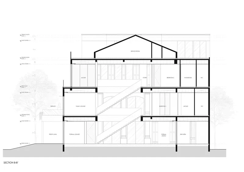 Section drawing showing the central staircase ascending through three levels beneath a pitched roof